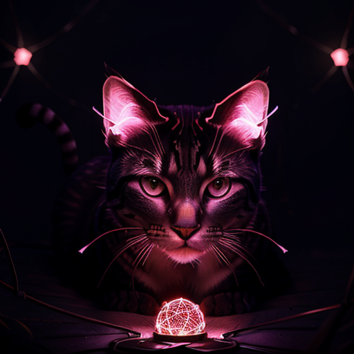 A stylized, interconnected network of glowing nodes and pathways forming the shape of a feline head.